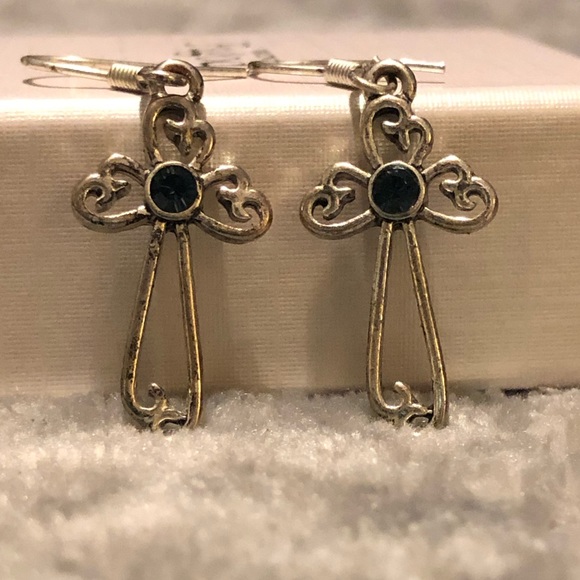 Sterling Silver Cross w/ Blue Bead Earrings - Picture 2 of 4